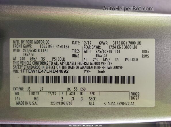 1FTEW1E47LKD44892 2020 FORD F150 Silver ძრავის განყოფილების ხედი