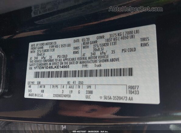1FTEW1E48LKE14965 2020 FORD F150 Black Engine compartment view