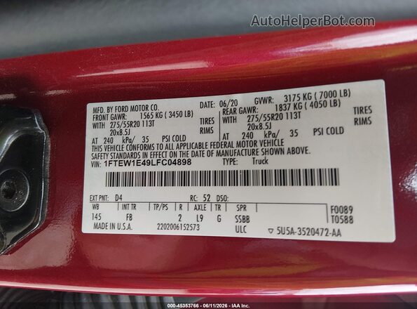 1FTEW1E49LFC04898 2020 FORD F150 Красный Вид подкапотного пространства
