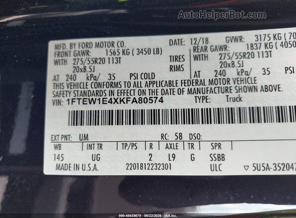 1FTEW1E4XKFA80574 2019 FORD F150 Black Շարժիչի բաժամունքի տեսք