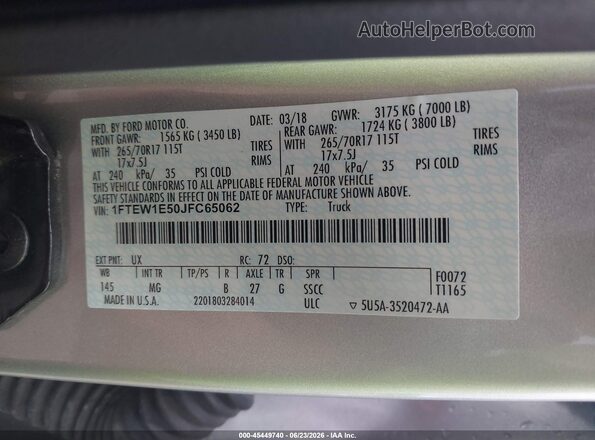 1FTEW1E50JFC65062 2018 FORD F150 Silver Вид підкапотного простору