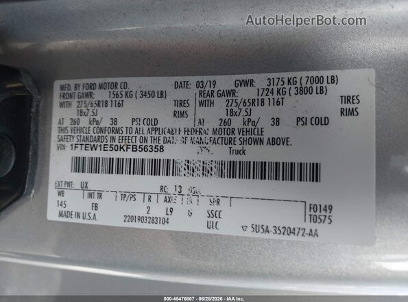 1FTEW1E50KFB56358 2019 FORD F150 Silver ძრავის განყოფილების ხედი