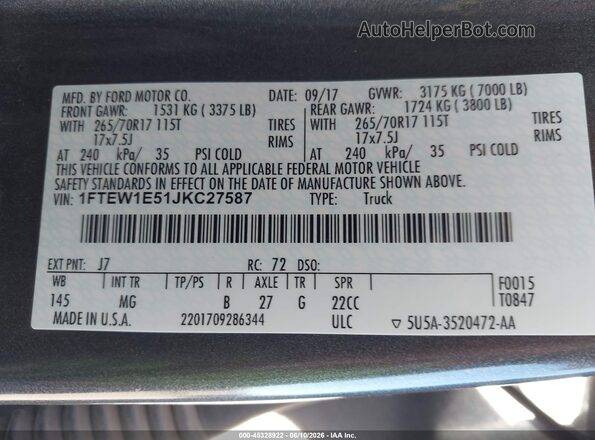 1FTEW1E51JKC27587 2018 FORD F150 Gray Widok komory silnika