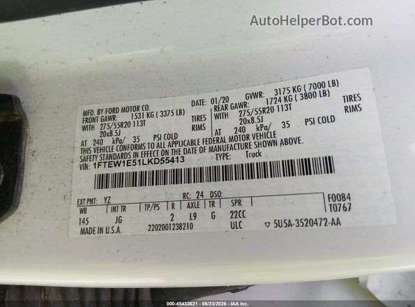 1FTEW1E51LKD55413 2020 FORD F150 White Вид підкапотного простору