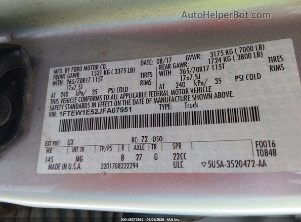 1FTEW1E52JFA07951 2018 FORD F150 Silver Շարժիչի բաժամունքի տեսք