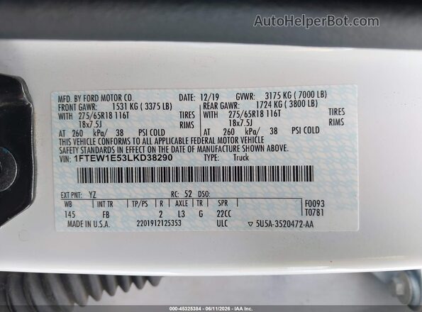 1FTEW1E53LKD38290 2020 FORD F150 White ძრავის განყოფილების ხედი