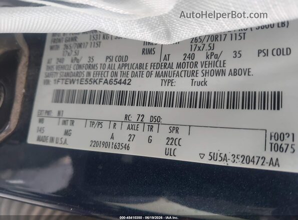 1FTEW1E55KFA65442 2019 FORD F150 Blue Vista del compartimento del motor