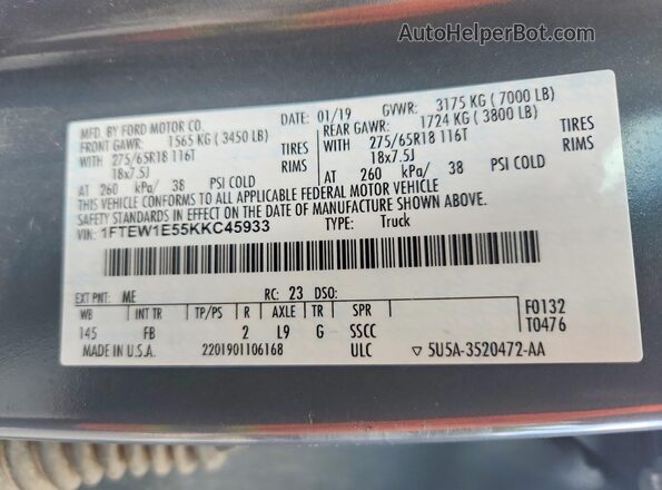 1FTEW1E55KKC45933 2019 FORD F150 Gray Вид підкапотного простору