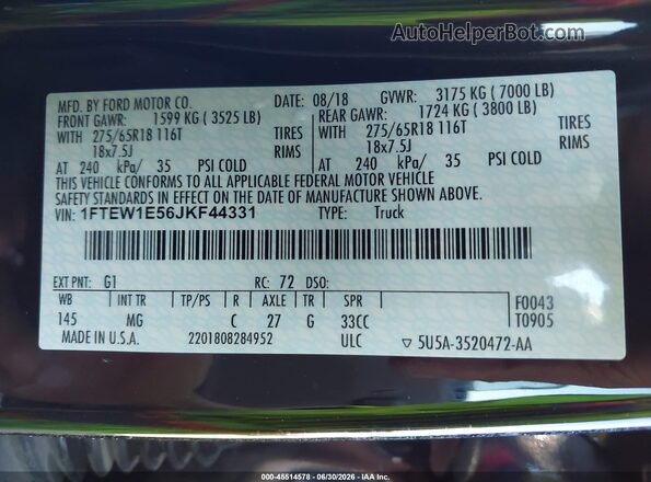 1FTEW1E56JKF44331 2018 FORD F150 Черный Вид подкапотного пространства