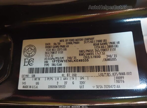1FTEW1E56LKE49335 2020 FORD F150 Black Вид підкапотного простору