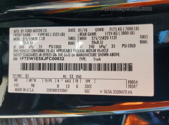 1FTEW1E5XJFC00932 2018 FORD F150 Black VIN sticker view
