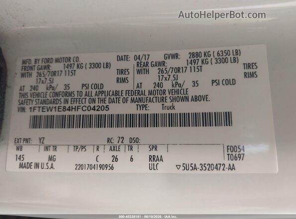 1FTEW1E84HFC04205 2017 FORD F150 Белый Вид подкапотного пространства