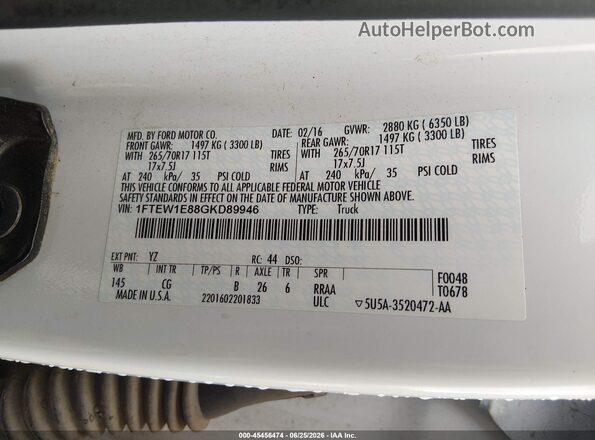 1FTEW1E88GKD89946 2016 FORD F150 White Vista del compartimento del motor