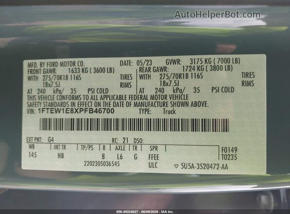 1FTEW1E8XPFB46700 2023 FORD F150 Blue Vista del compartimento del motor