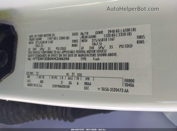 1FTEW1EB0KKD98290 2019 FORD F150 White 