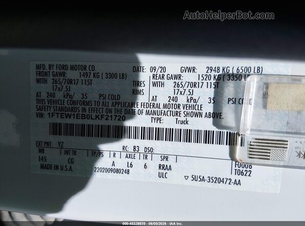 1FTEW1EB0LKF21720 2020 FORD F150 White 