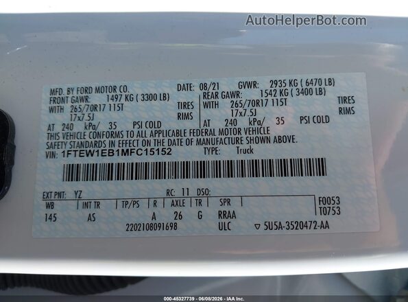 1FTEW1EB1MFC15152 2021 FORD F150 White Vista del compartimento del motor