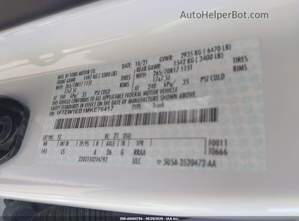 1FTEW1EB1MKE76417 2021 FORD F150 White Widok komory silnika