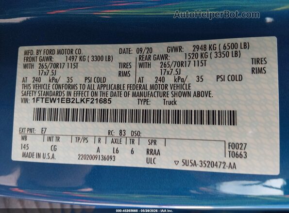 1FTEW1EB2LKF21685 2020 FORD F150 Blue Engine compartment view