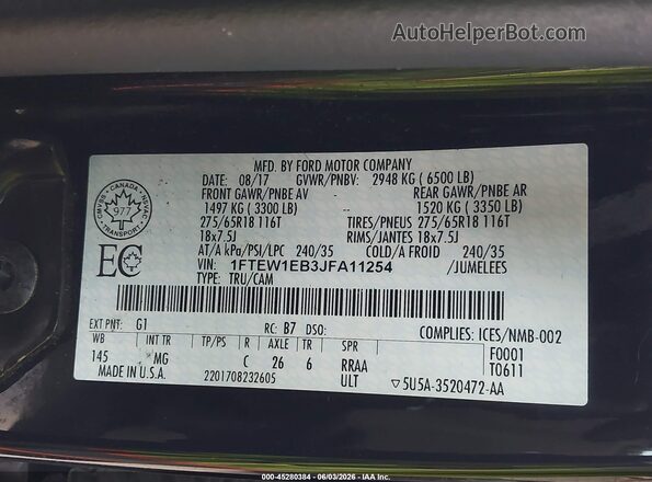 1FTEW1EB3JFA11254 2018 FORD F150 Черный 