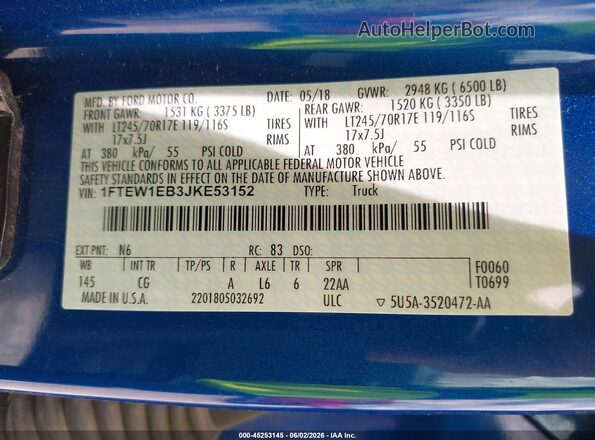 1FTEW1EB3JKE53152 2018 FORD F150 Blue 