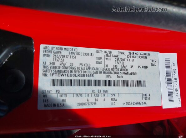 1FTEW1EB3LKE81455 2020 FORD F150 Red 