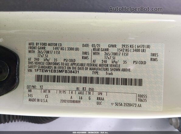 1FTEW1EB3MFB38431 2021 FORD F150 White 