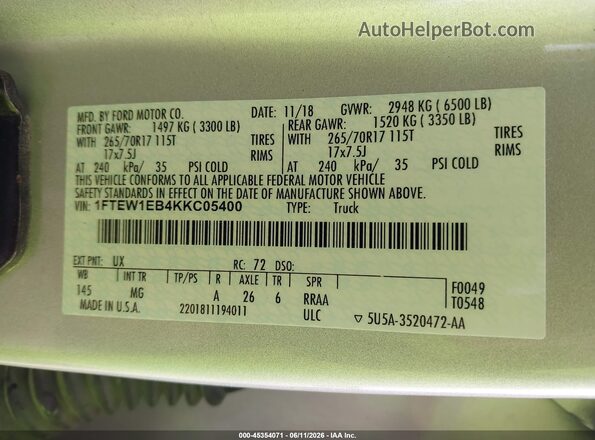 1FTEW1EB4KKC05400 2019 FORD F150 Silver Vista del compartimento del motor