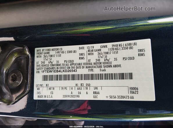 1FTEW1EB4LKD26543 2020 FORD F150 Blue Widok komory silnika