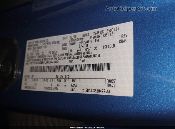 1FTEW1EB4LKE67080 2020 FORD F150 Blue Շարժիչի բաժամունքի տեսք