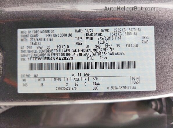 1FTEW1EB4NKE28279 2022 FORD F150 Gray Вид наклейки з VIN-кодом
