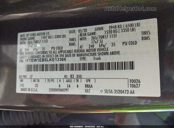 1FTEW1EB5LKE13366 2020 FORD F150 Gray ძრავის განყოფილების ხედი