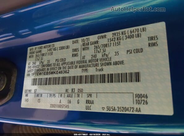 1FTEW1EB5MKE48362 2021 FORD F150 Blue 