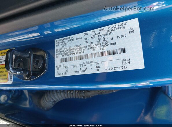 1FTEW1EB6MFA39330 2021 FORD F150 Blue Շարժիչի բաժամունքի տեսք