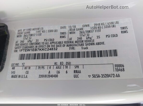 1FTEW1EB7KKC24832 2019 FORD F150 Белый Вид подкапотного пространства