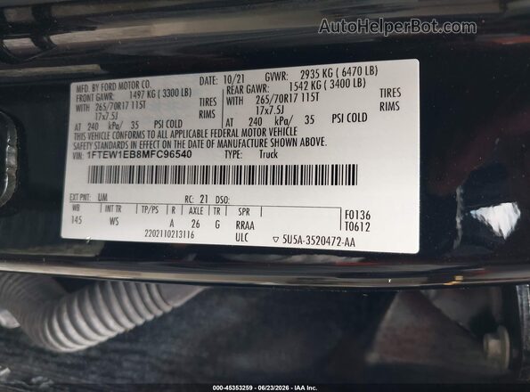 1FTEW1EB8MFC96540 2021 FORD F150 Black Widok komory silnika