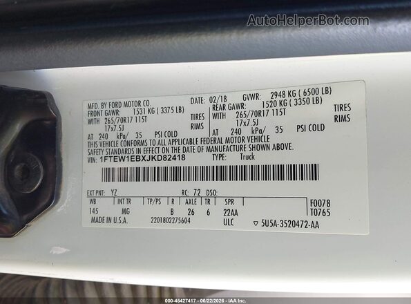 1FTEW1EBXJKD82418 2018 FORD F150 White Engine compartment view