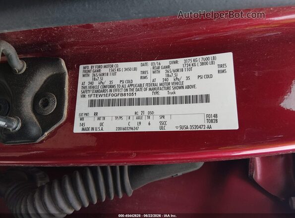 1FTEW1EF0GFB81051 2016 FORD F150 Red Շարժիչի բաժամունքի տեսք