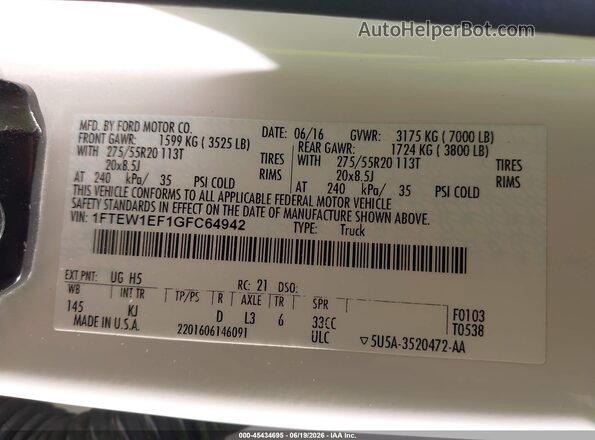 1FTEW1EF1GFC64942 2016 FORD F150 White Vista del compartimento del motor