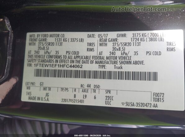 1FTEW1EF1HFC44062 2017 FORD F150 Black Engine compartment view