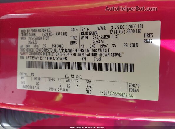 1FTEW1EF1HKC51598 2017 FORD F150 Red Շարժիչի բաժամունքի տեսք