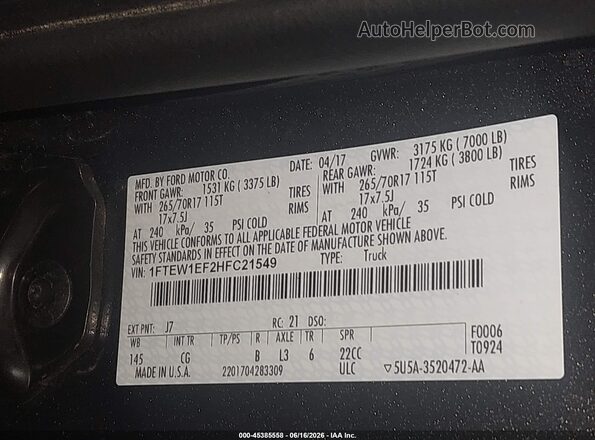 1FTEW1EF2HFC21549 2017 FORD F150 Gray 