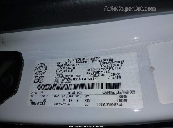 1FTEW1EF3GKF13684 2016 FORD F150 White Vista del compartimento del motor