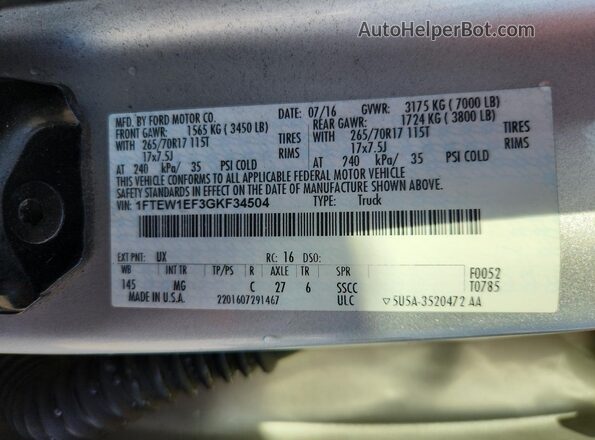 1FTEW1EF3GKF34504 2016 FORD F150 Silver Vista del compartimento del motor