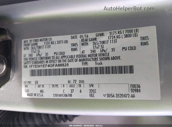 1FTEW1EF4GFA88825 2016 FORD F150 Silver Շարժիչի բաժամունքի տեսք