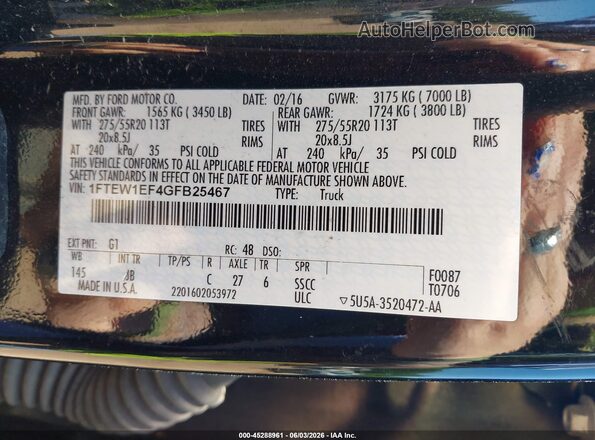 1FTEW1EF4GFB25467 2016 FORD F150 Black Вид підкапотного простору