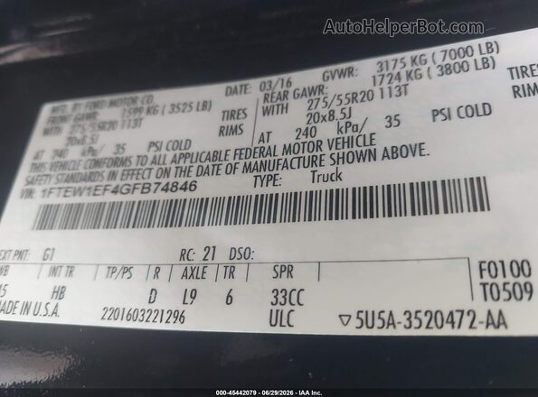 1FTEW1EF4GFB74846 2016 FORD F150 Черный Вид подкапотного пространства