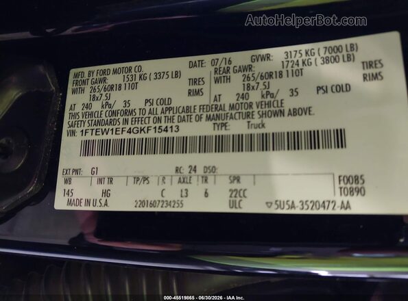 1FTEW1EF4GKF15413 2016 FORD F150 Black Շարժիչի բաժամունքի տեսք