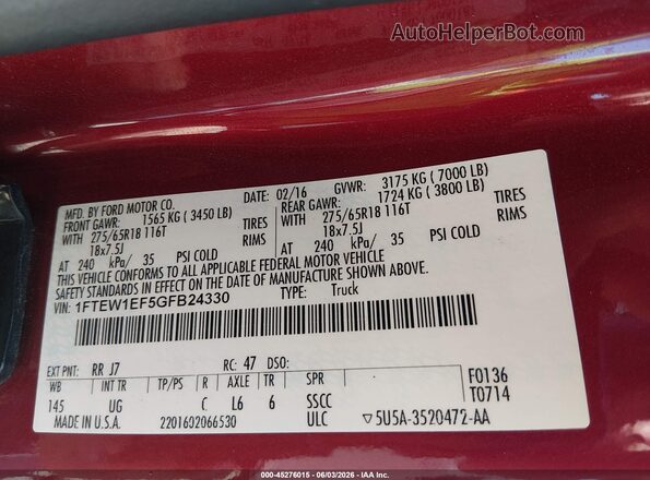 1FTEW1EF5GFB24330 2016 FORD F150 Темно-бордовый Вид подкапотного пространства