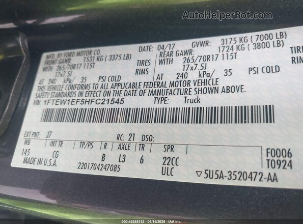 1FTEW1EF5HFC21545 2017 FORD F150 Gray 